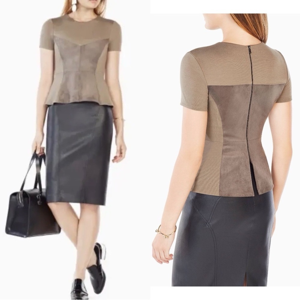 🔥BCBGMAXAZRIA DARK FATIGUE DENNA FAUX SUEDE TOP BLOUSE XXS